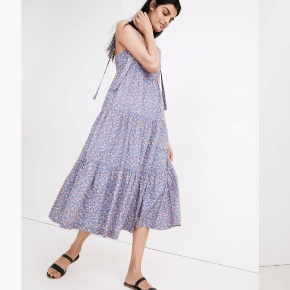 Madewell Tie-Strap Tiered Midi Dress in Summer Vines print- Sz L